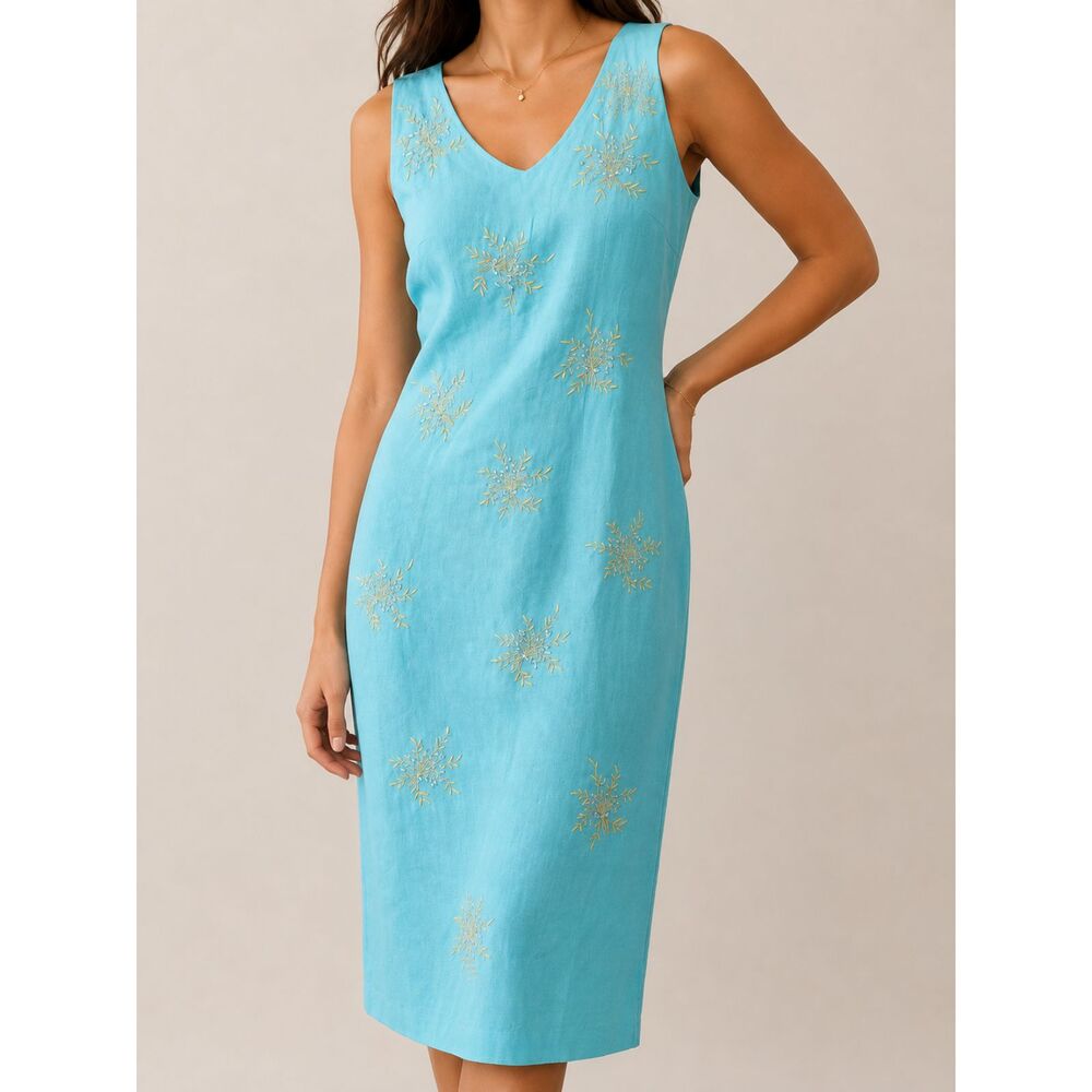 Vintage Positive‎ Attitude Linen Blend Embroidered Beaded Sheath Dress Sz 6